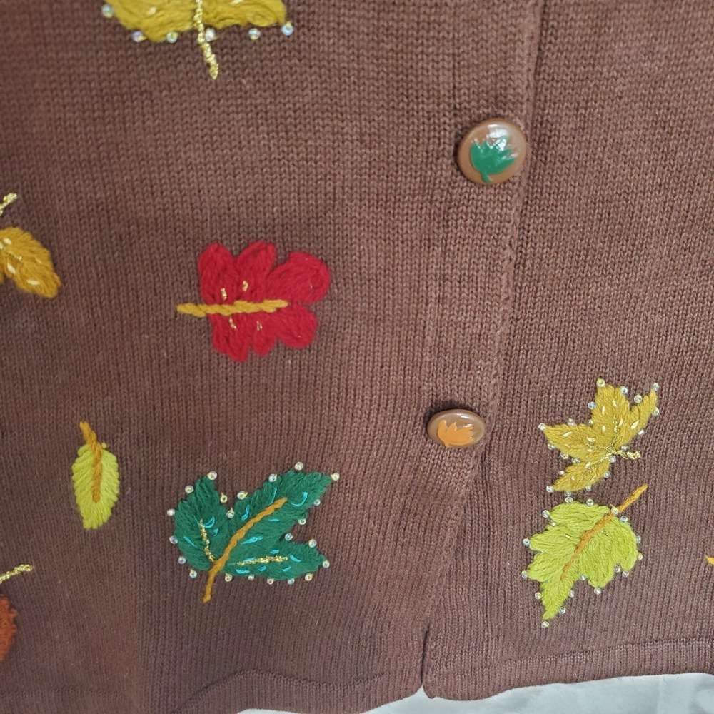 Vtg Storybook Knits Sweater S Long Brown Cardigan HSN Fall Leaves Autumn NWT - Picture 5 of 9